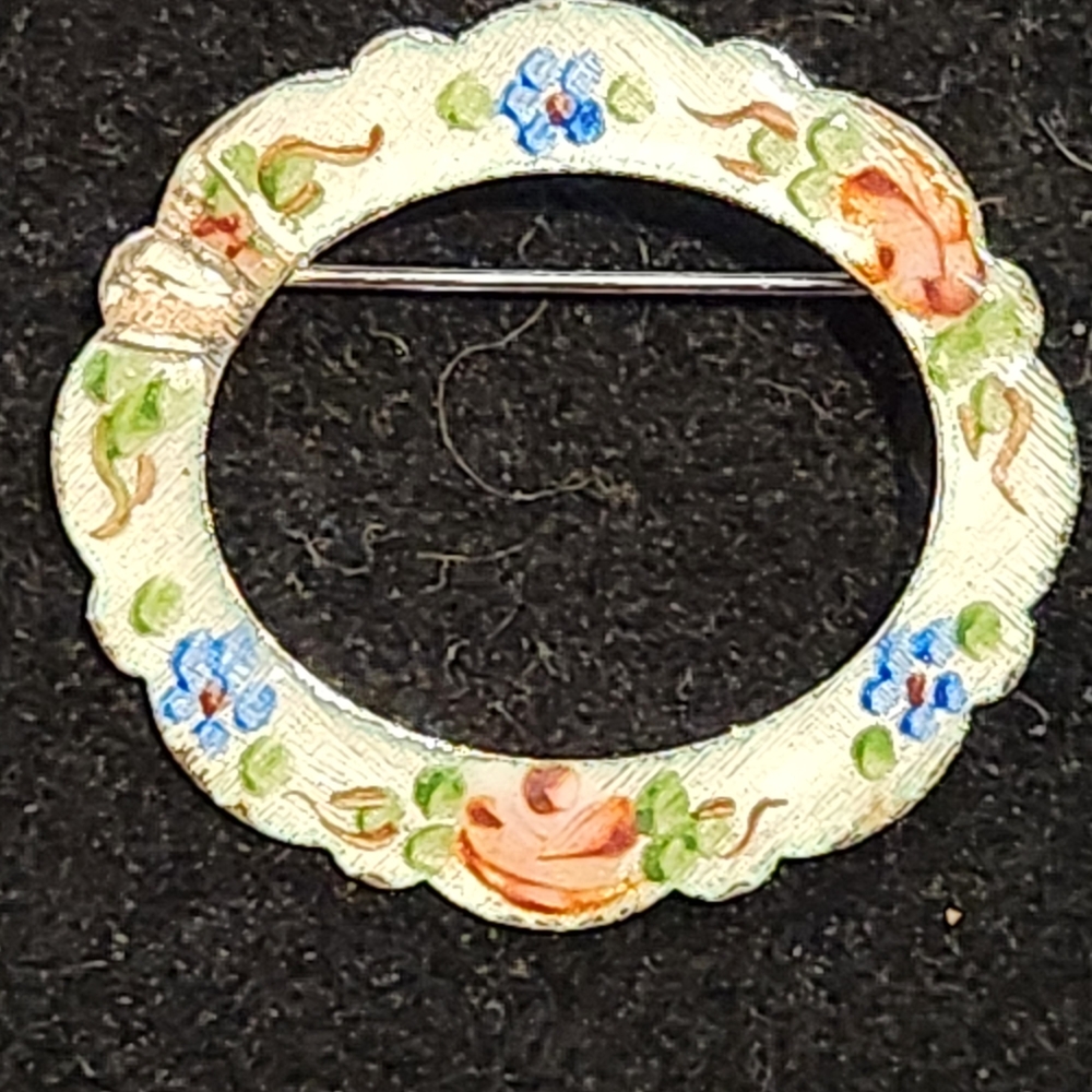 VTG La Mode Sterling Silver Floral White Guilloche Enamel Oval Brooch Pin 1.25"*